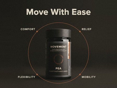 PEA supplement bottle displaying benefits and uses